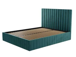 Cama Com Espaco De Arrumação 180 X 200 Cm Com Cabeceira De Cama Costuras Verticais Veludo Azul-Esverdeado + Colchão - Larali