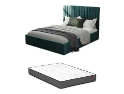 Cama Com Espaco De Arrumação 180 X 200 Cm Com Cabeceira De Cama Costuras Verticais Veludo Azul-Esverdeado + Colchão - Larali