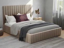Cama Com Espaco De Arrumação 180 X 200 Cm Com Cabeceira De Cama Costuras Verticais Veludo Taupe + Colchão - Larali