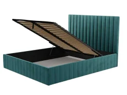 Cama Com Espaco De Arrumação 160 X 200 Cm Com Cabeceira De Cama Costuras Verticais Veludo Azul-Esverdeado + Colchão - Larali