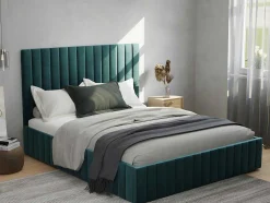 Cama Com Espaco De Arrumação 160 X 200 Cm Com Cabeceira De Cama Costuras Verticais Veludo Azul-Esverdeado + Colchão - Larali