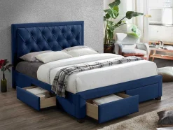 Cama Com Gavetas - Veludo Azul - 160 X 200 Cm - Leopold