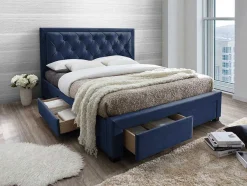 Cama Com Gavetas - Veludo Azul - 160 X 200 Cm - Leopold
