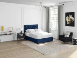 Cama Com Gavetas 180 X 200 Cm Tecido Veludo Azul + Colchão - Leopold