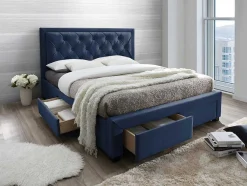 Cama Com Gavetas 180 X 200 Cm Tecido Veludo Azul + Colchão - Leopold