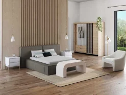 Cama Com Gaveta 180 X 200 Cm Veludo Canelado Taupe + Colchão - Timano