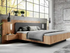Cama Com Mesas De Cabeceira 160 X 200 Cm, 2 Gavetas, Com Leds, Cor Natural E Antracite + Estrado + Colchão - Francoli