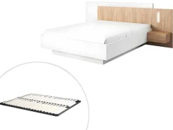 Cama Com Mesas De Cabeceira 160 X 200 Cm, 2 Gavetas, Com Leds, Cor Branco E Natural + Estrado De Ripas - Francoli