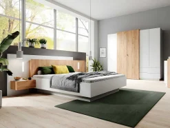 Cama Com Mesas De Cabeceira 160 X 200 Cm, 2 Gavetas, Com Leds, Cor Branco E Natural + Estrado De Ripas - Francoli