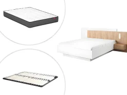Cama Com Mesas De Cabeceira 160 X 200 Cm, 2 Gavetas, Com Leds, Branco E Natural + Estrado + Colchão - Francoli