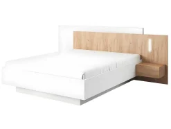 Cama Com Mesas De Cabeceira 160 X 200 Cm, 2 Gavetas, Com Leds, Branco E Natural + Estrado + Colchão - Francoli