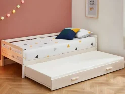 Cama Dupla De 2 X 90 X 190 Cm Em Pinho Macico E Mdf Cor Esbranquicada + Colchão - Aedan Ii