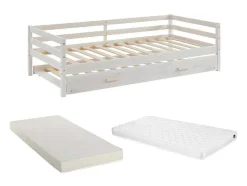 Cama Dupla De 2 X 90 X 190 Cm Em Pinho Macico E Mdf Cor Esbranquicada + Colchão - Aedan Ii