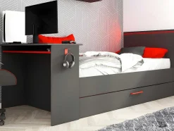 Cama Dupla Gamer 90 X 200 E 90 X 190 Cm Com Secretária E Leds Antracite E Vermelho, Com Colchão E Sommier - Vouani