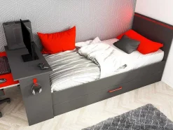 Cama Dupla Gamer 90 X 200 E 90 X 190 Cm Com Secretária E Leds Antracite E Vermelho, Com Colchão E Sommier - Vouani