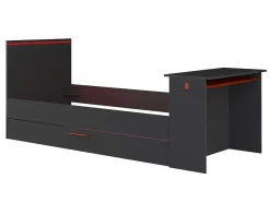 Cama Dupla Gamer 90 X 200 E 90 X 190 Cm Com Secretária E Leds Antracite E Vermelho, Com Colchão E Sommier - Vouani