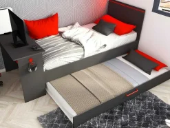 Cama Dupla Gamer 90 X 200 E 90 X 190 Cm Com Secretária E Leds Antracite E Vermelho, Com Colchão E Sommier - Vouani