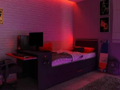 Cama Dupla Gamer 2 X 90 X 200 Cm Com Secretária E Leds Antracite E Vermelho - Vouani