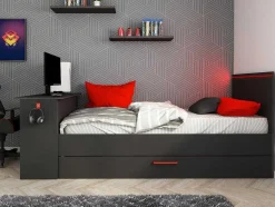 Cama Dupla Gamer 2 X 90 X 200 Cm Com Secretária E Leds Antracite E Vermelho - Vouani