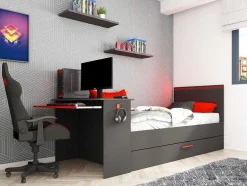 Cama Dupla Gamer 2 X 90 X 200 Cm Com Secretária E Leds Antracite E Vermelho - Vouani