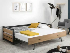 Cama Dupla Industrial 2X90X190 Cm Mdf, Pinho E Metal Castanho Noz E Antracite + Colchão - Boston