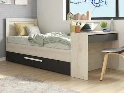 Cama Dupla 90X200 E 90X190 Cm, Com Secretária Cor Natural E Antracite + Colchão + Sommier - Vouani