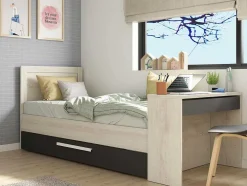 Cama Dupla 90X200 E 90X190 Cm, Com Secretária Cor Natural E Antracite + Colchão + Sommier - Vouani