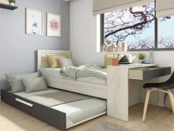 Cama Dupla 2X90X200 Cm, Com Secretária Cor Natural E Antracite - Vouani