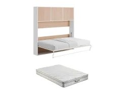 Cama Rebatível 140 X 200 Cm Abertura Horizontal Manual, Com Arrumação, Cor Natural E Branco + Colchão - Elianor Ii