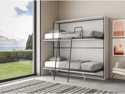 Cama Retratil Beliche Solteiro Horizontal Kando Com Colchões Cinza Branca
