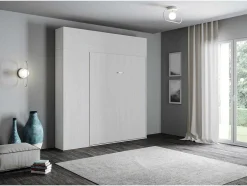 Cama Retratil 140 Vertical Kentaro Com Armário Coluna E Armários Suspensos Cinza Branca