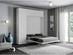 Cama Retratil 160 Vertical Kentaro Com Armário Coluna E Armários Suspensos Cinza Branca