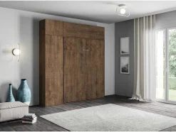 Cama Retratil 140 Vertical Kentaro Com Armário Coluna E Armários Suspensos Nogueira