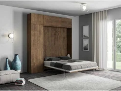 Cama Retratil 160 Vertical Kentaro Com Armário Coluna E Armários Suspensos Nogueira
