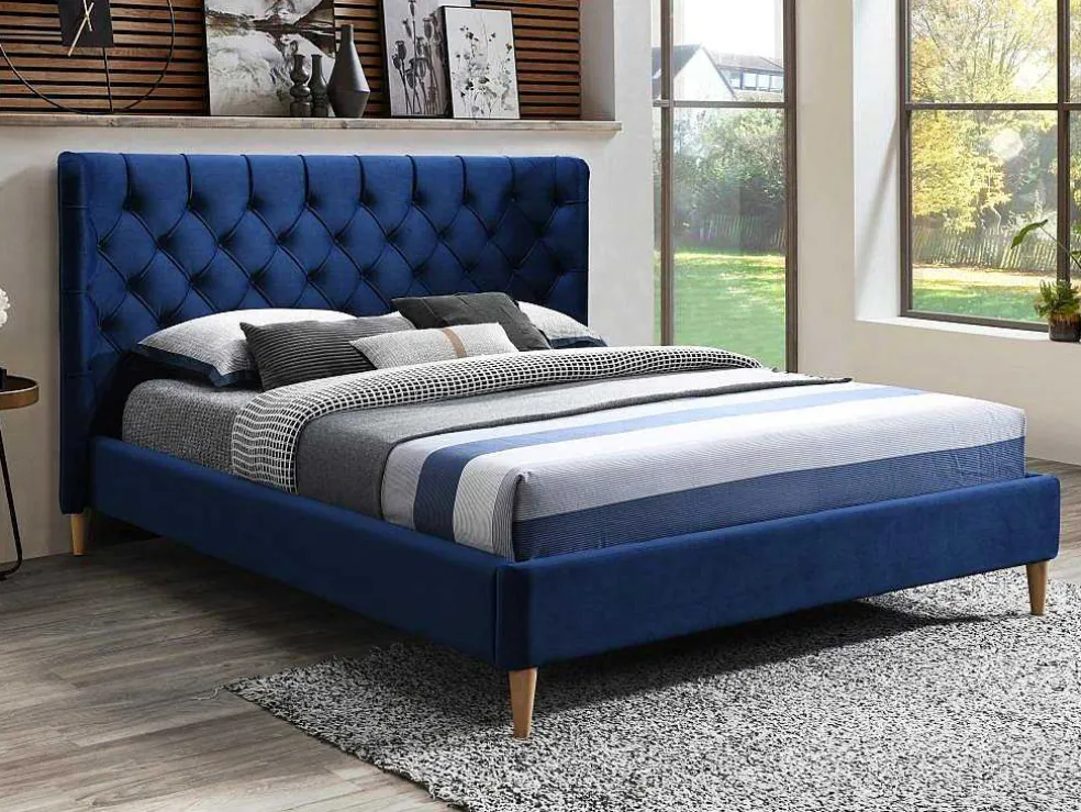 Cama 140 X 190 Cm Com Cabeceira De Cama Acolchoada Veludo Azul Real - Enodi