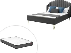 Cama 160 X 200 Cm Com Cabeceira De Cama Ondulada Veludo Cinzento + Colchão - Sagali