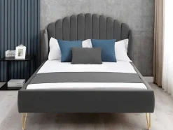 Cama 160 X 200 Cm Com Cabeceira De Cama Ondulada Veludo Cinzento + Colchão - Sagali