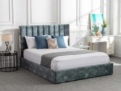 Cama 160 X 200 Cm Com Cabeceira De Cama Costuras Verticais Veludo Azul-Esverdeado + Colchão - Feroya