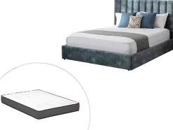 Cama 140 X 190 Cm Com Cabeceira De Cama Costuras Verticais Veludo Azul-Esverdeado + Colchão - Feroya