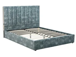 Cama 140 X 190 Cm Com Cabeceira De Cama Costuras Verticais Veludo Azul-Esverdeado + Colchão - Feroya