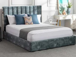 Cama 140 X 190 Cm Com Cabeceira De Cama Costuras Verticais Veludo Azul-Esverdeado + Colchão - Feroya