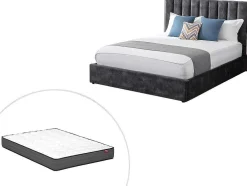 Cama 160 X 200 Cm Com Cabeceira De Cama Costuras Verticais Veludo Antracite + Colchão - Feroya