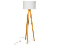 Candeeiro Tripe Em Madeira Natural E Abajur Em Linho Cor Branco De D.45 X A.152 Cm - Lorens