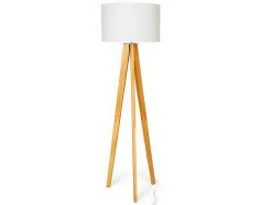 Candeeiro Tripe Em Madeira Natural E Abajur Em Linho Cor Branco De D.45 X A.152 Cm - Lorens