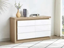 Cómoda 6 Gavetas Com Leds, Mdf Lacado A Branco E Natural - Flarancia