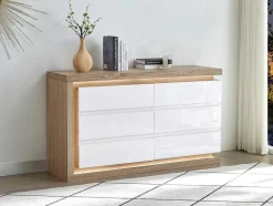 Cómoda 6 Gavetas Com Leds, Mdf Lacado A Branco E Natural - Flarancia