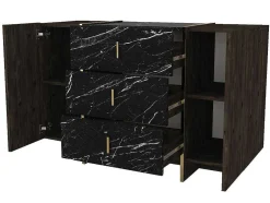 Cómoda 3 Gavetas E 2 Porta Efeito Marmore Preto, Natural Escuro E Dourado - Cadeba