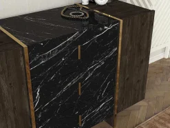 Cómoda 3 Gavetas E 2 Porta Efeito Marmore Preto, Natural Escuro E Dourado - Cadeba