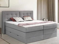 Conjunto Boxspring Cabeceira De Cama + Sommiers Com Arrumação + Colchão + Sobrecolchão, 160 X 200 Cm, Tecido Cinzento-Claro - Perama Da Palacio