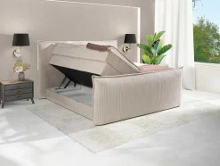 Conjunto Boxspring Cabeceira De Cama + Sommiers Com Espaco De Arrumação + Colchão + Sobrecolchão 2 X 80 X 200 Cm Veludo Canelado Marfim - Rhoda Da Palacio